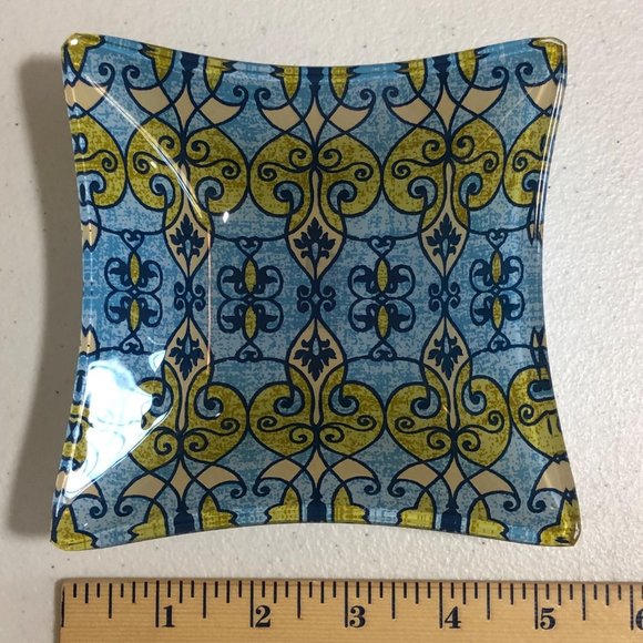 Prima Pretty Painted Square Glass Dish Blue Lime Green Design - Picture 3 of 7
